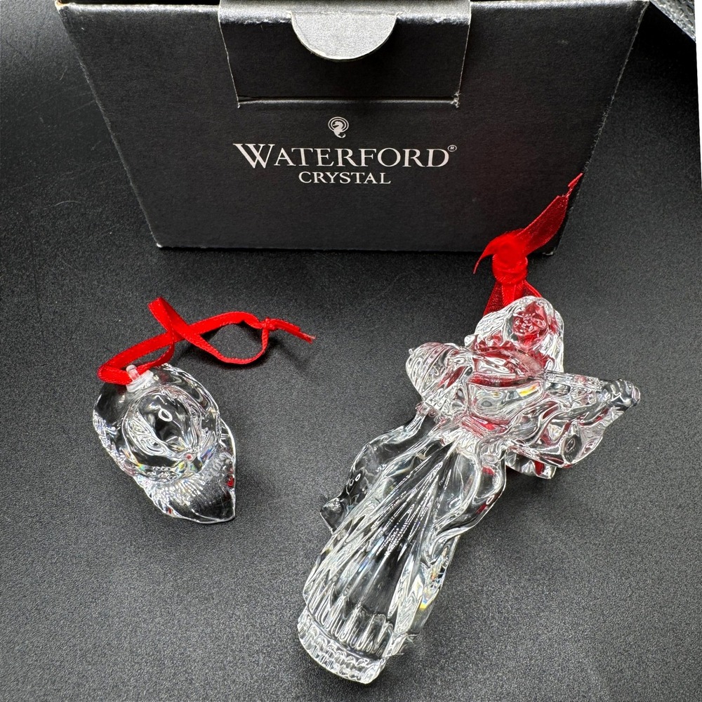 Waterford Crystal Angel with Lute & Partridge Christmas Ornaments Lot of 2